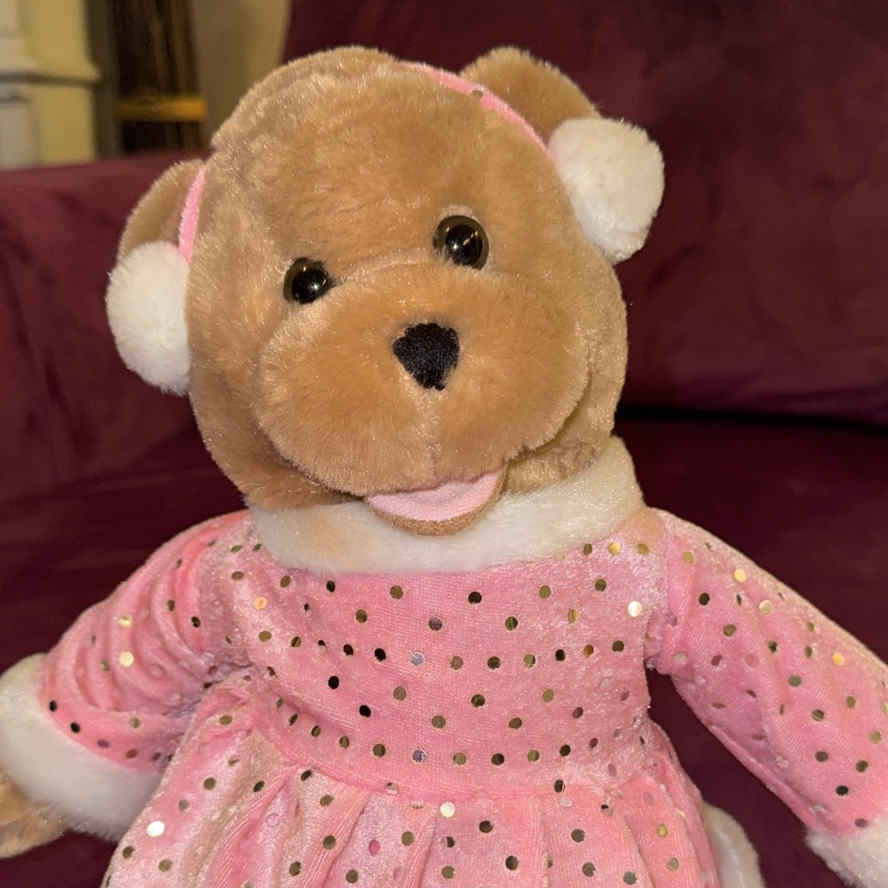 Kids Brown Teddy Bear Pink Dress Silver Polka Dots White Fur Trim in Ice Skates - Picture 2 of 10